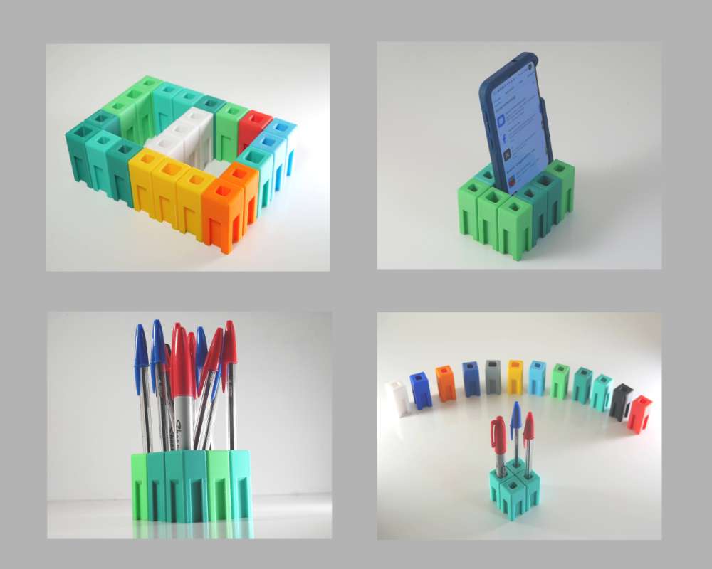 colored plastic blocks in a rainbow of colors that serve as a pen holder