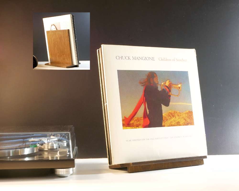 a leaning walnut wood rack for holding up to ten records